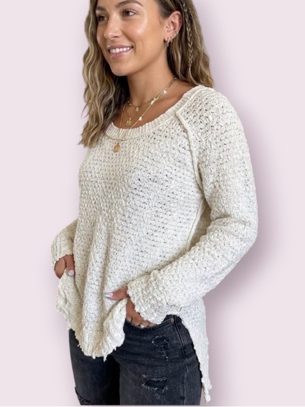 Free People Jeepster Honeycomb Wool Cotton Blend  Sweater Ivory Cream Small